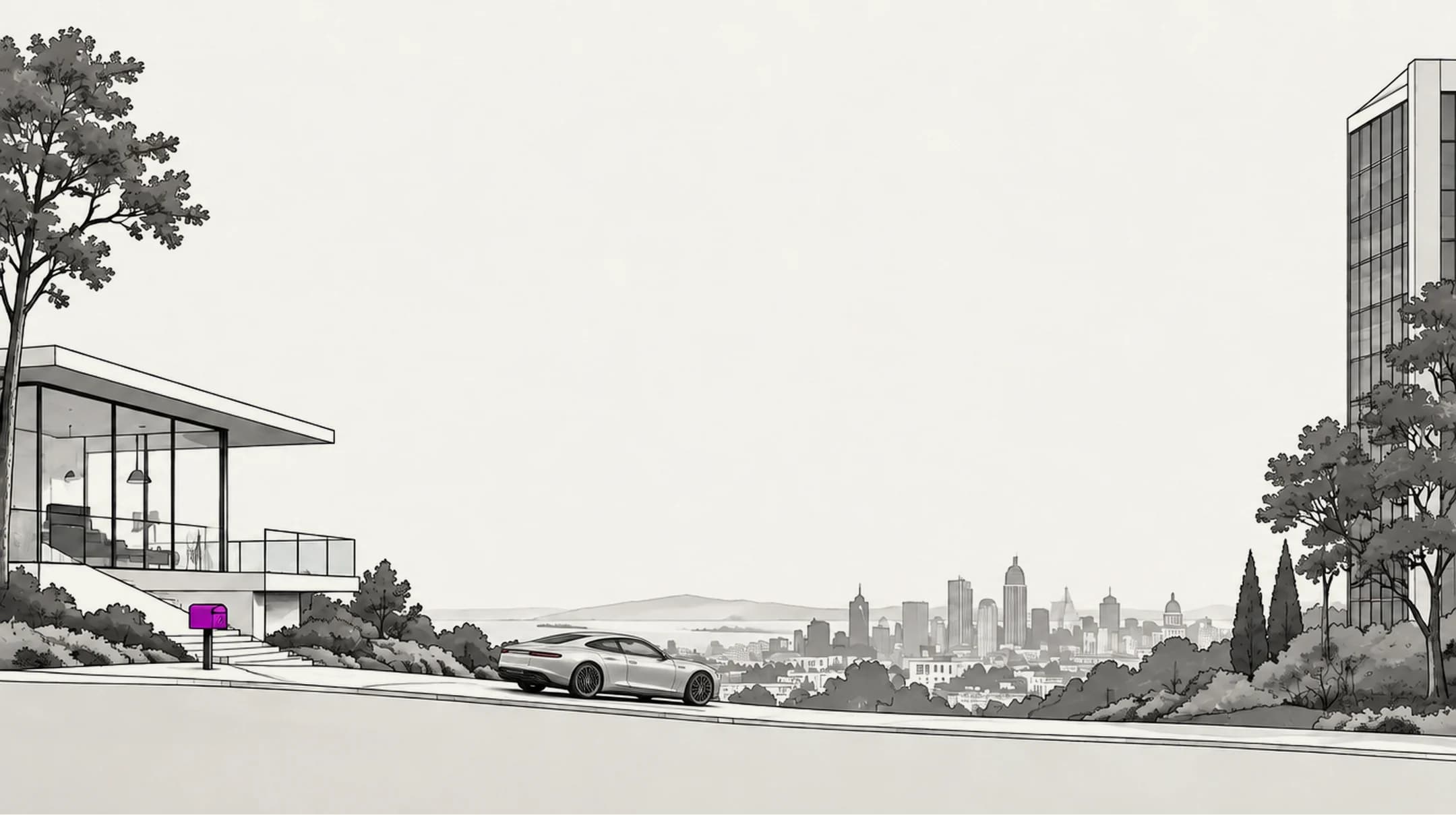 Illustrated hillside street with a modern glass house and a purple mailbox on one side, a silver sports car on the road, a city skyline across the water and a tall office tower on the other side