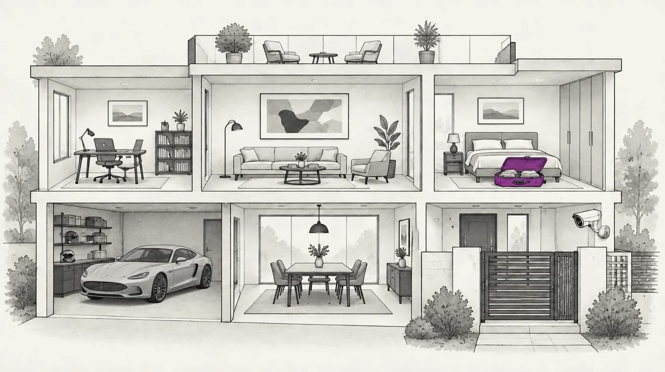 Illustrated cutaway of a modern two-story home: a home office with a laptop, a living room with a large painting, a bedroom with a purple suitcase on the bed, a garage with a sports car, a dining room, a rooftop terrace and a front gate under a security camera