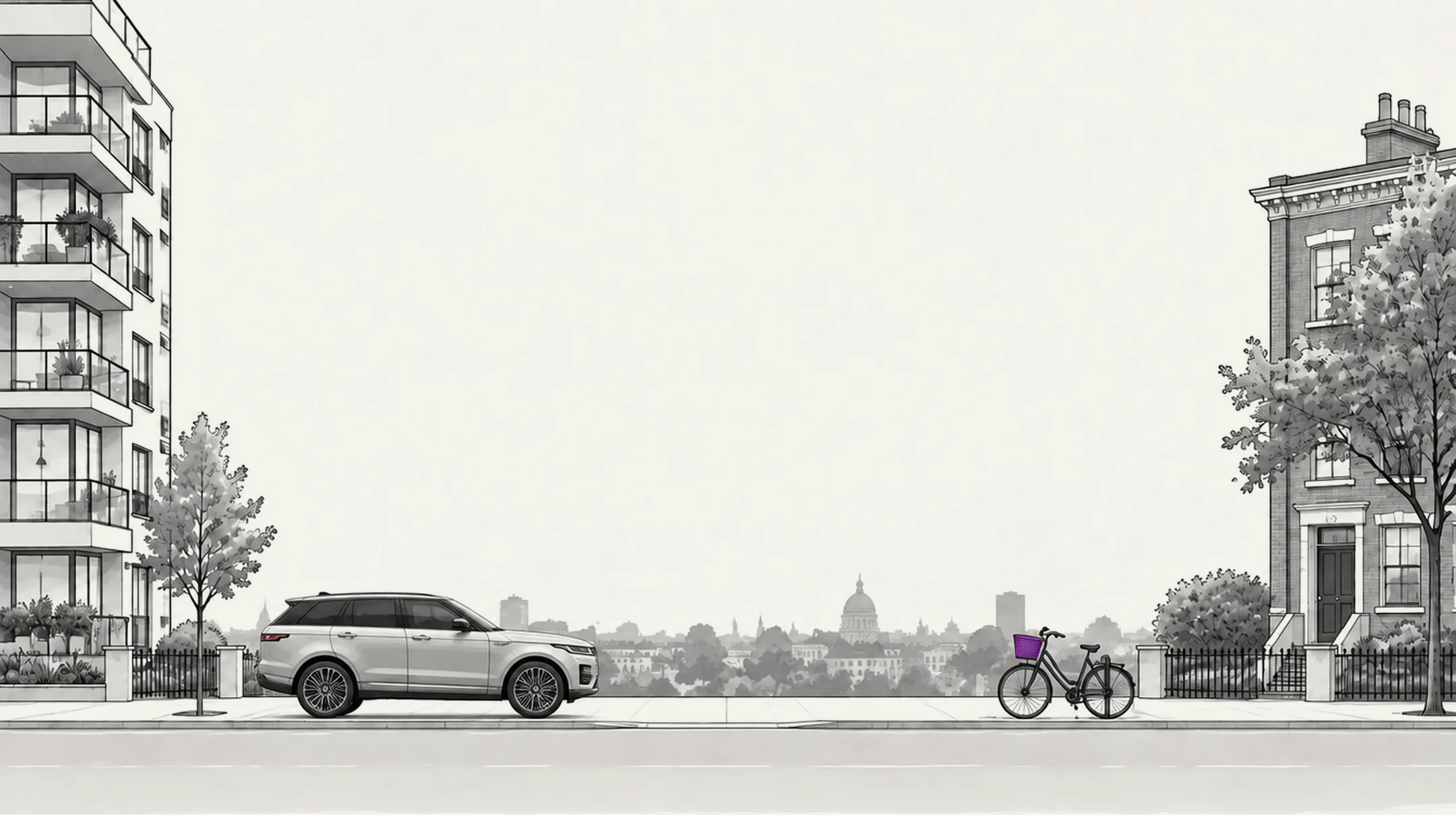 Illustrated city street with a modern condo building with balconies on one side and a brick townhouse under a tree on the other, a silver SUV parked at the curb, a bicycle with a purple basket and a skyline with a domed building in the distance